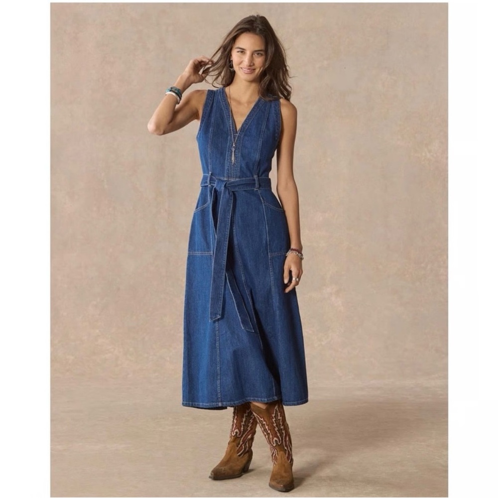 Sundance Poppy Denim Midi Dress Size 10 Belted Western Medium Wash Blue Classic